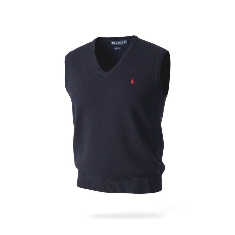 Polo Golf Ralph Lauren Mens XL Navy Blue Cotton V-Neck Sweater Vest Red Pony